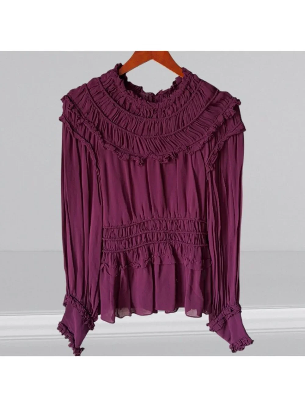 Farm Rio Romantic Ruffle Smocked Boho Long Sleeve Blouse Top Burgundy Size XS - Picture 2 of 9